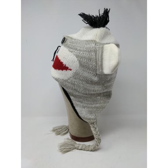 Sock Monkey Knit Beanie Hat Cap Button Eyes 100% Acrylic Gray White - Picture 4 of 10